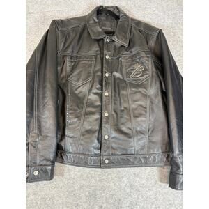 Vtg 90s Excelled Leather Moto Jacket Men XL Black Snap Up Budweiser True Music